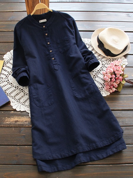 Long Sleeve Buttons Cotton Mini Shirt Dress