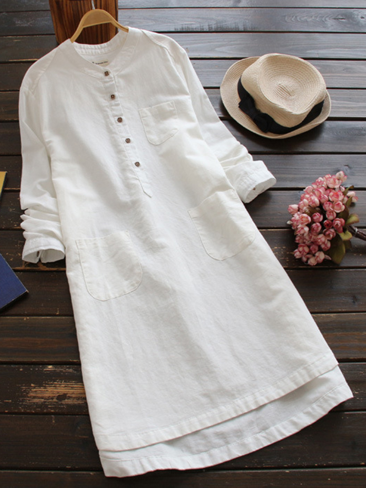 Long Sleeve Buttons Cotton Mini Shirt Dress - Power Day Sale