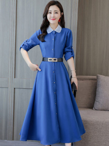 Long Sleeve Buttons Solid Color Fall Shirt Dress - Power Day Sale