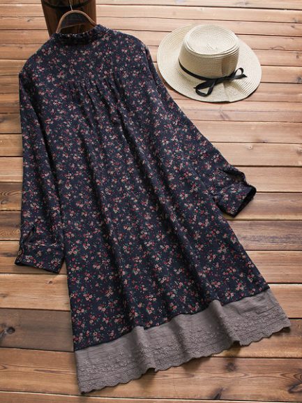 Long Sleeve Floral Print Patchwork Embroidery Hem Dress - Power Day Sale