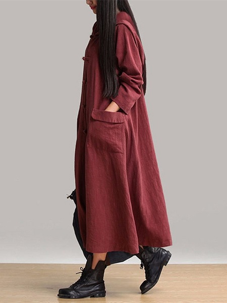 Long Sleeve Plate Buckles Pocket Hooded Maxi Dress - Power Day Sale
