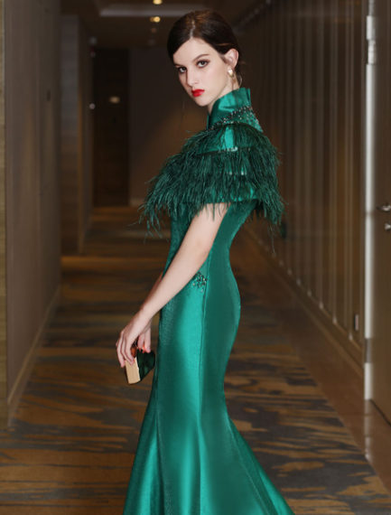 Mermaid Evening Dresses Luxury Satin Dark Green High Collar Beading ...
