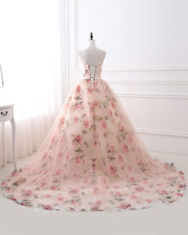 Pink Prom Dresses 2019 Long Floral Print Organza Pageant Dress Backless Chapel Train Party