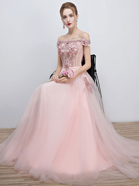 Long Tulle Off The Shoulder Lace Applique Beading Flower Prom Dress ...