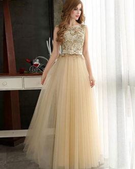 Prom Dresses Light Gold Lace Tulle Long Graduation Dress Bow Sash Floor Length Party Dress