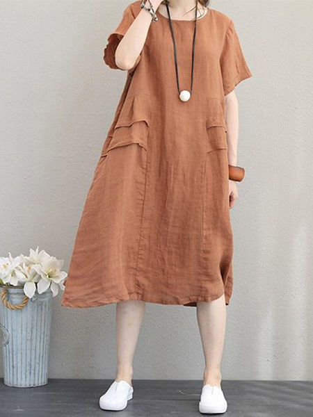Retro Women Casual Cotton Solid Color Dress - Power Day Sale
