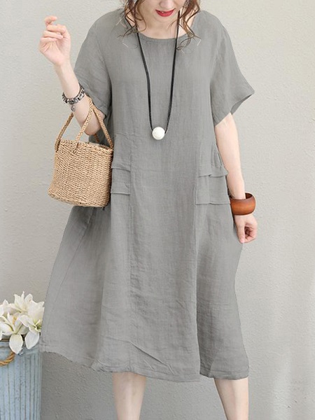 Retro Women Casual Cotton Solid Color Dress – TD Mercado