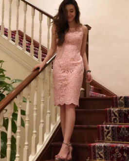 Sexy Party Dress Pink Bodycon Dress Straps Pearls Shaping Midi Dress