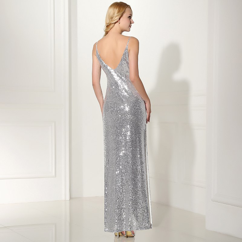 Silver Evening Dress Sequin 2 Piece Mother Dress Sheath Split V Neck Flower Ankle Length Party Dress 06