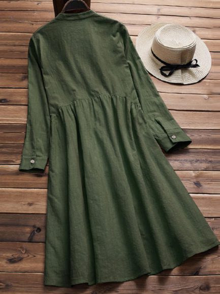 Stand collar pleated long sleeve dress - Power Day Sale