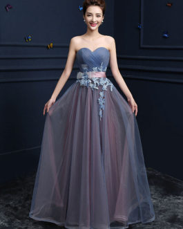 Sweetheart Evening Dresses Strapless Tulle Prom Dresses A Line Floor Length Lace Up Applique Party Dresses With Sash