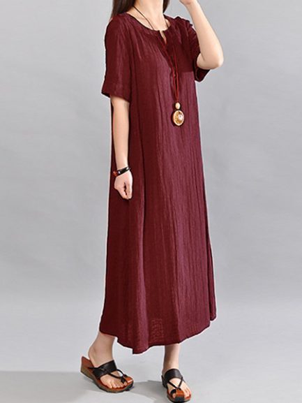 O-Neck Short Sleeve Cotton Linen Maxi Dress - Power Day Sale