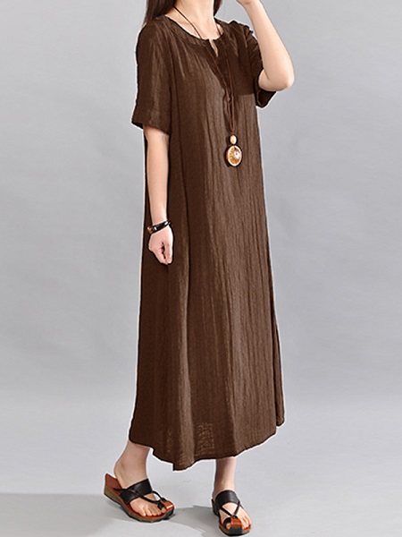 O-Neck Short Sleeve Cotton Linen Maxi Dress - Power Day Sale