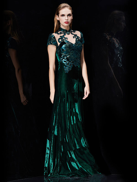 Velvet Evening Dress Illusion Sequin Mother's Dress Dark Green Stand