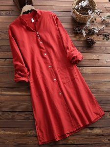 Vintage Women Cotton Long Sleeve Button Dress - Power Day Sale