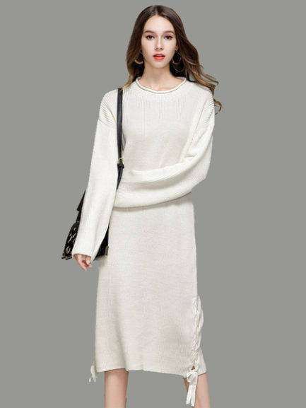 White Knit Dress Women Sweater Dress Round Neck Long Sleeve Lace Up ...