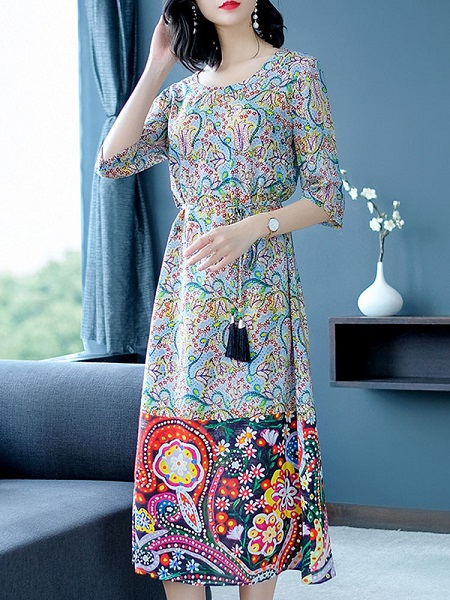 Women Bohemian Floral Printing Calf-Length Dress - Power Day Sale