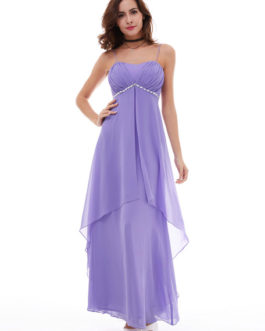 Women Party Dress Lilac Straps Sleeveless Rhinestones Pleated Layered Chiffon Maxi Dresses