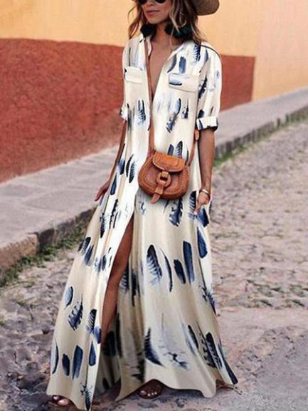 Women Party Evening V Neck Short Sleeve Floral Printed Long Maxi Dress ...