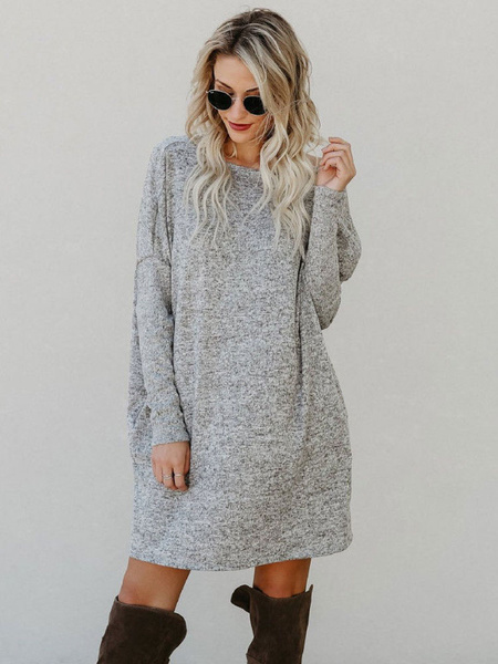 Women Sweater Dress Long Sleeve Gray Cotton Knitted Dress - Power Day Sale