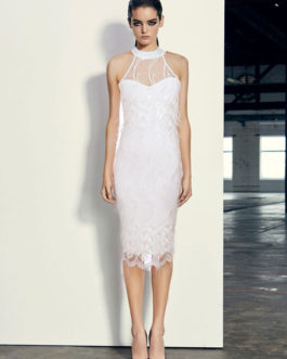 Women White Dress Sleeveless Halter Body-conscious Embroidered Dress