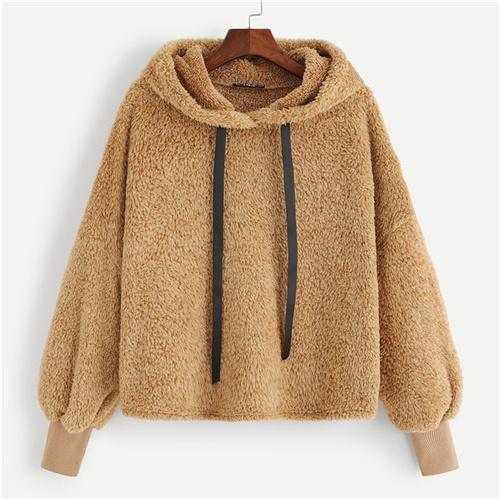 Casual Plain Faux Fur Fluffy Teddy Hoodie Pullovers With Drawstring ...