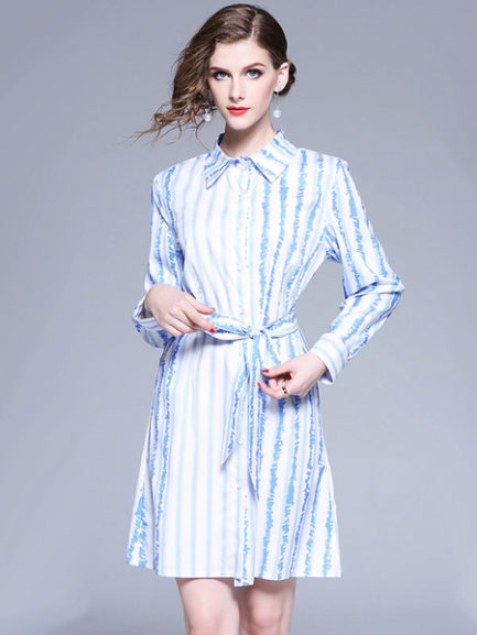Blue Shirt Dress Turndown Collar Long Sleeve Striped Midi Dress - Power ...