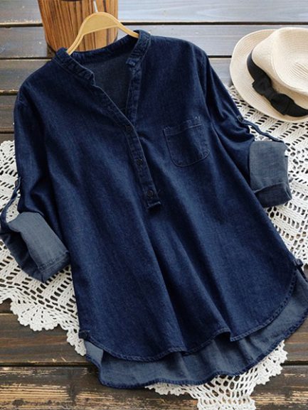 Buttons Adjustable Sleeve Denim Blouse - Power Day Sale