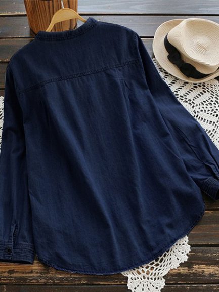 Buttons Adjustable Sleeve Denim Blouse - Power Day Sale