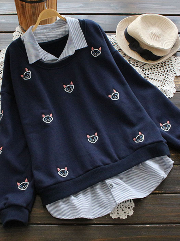 Cat Embroidery Fake Two Pieces Blouses
