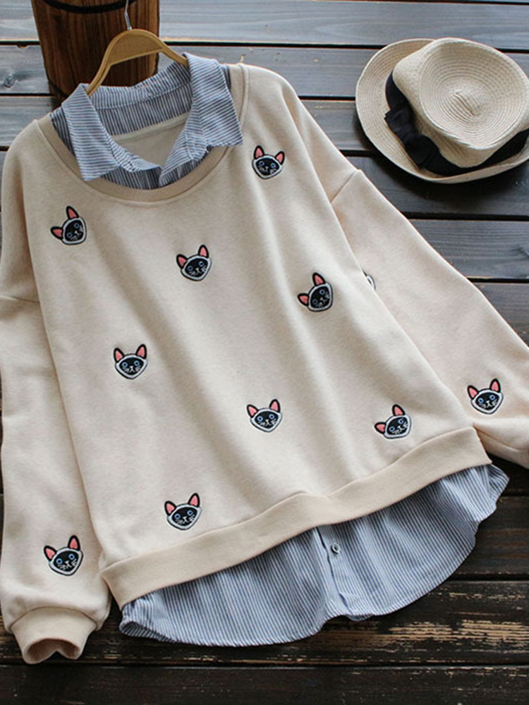Cat Embroidery Fake Two Pieces Blouses2