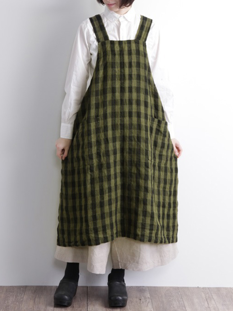 Cotton Linen Plaid Cross Back Apron Dress - Power Day Sale