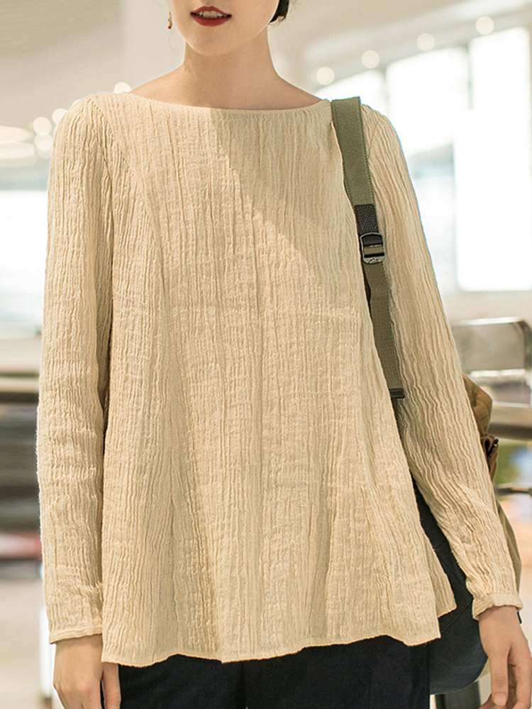Crew Neck Long Sleeve Solid Blouse