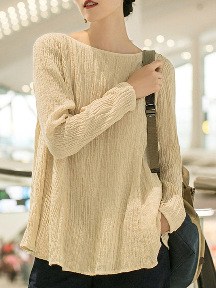 Crew Neck Long Sleeve Solid Blouse1
