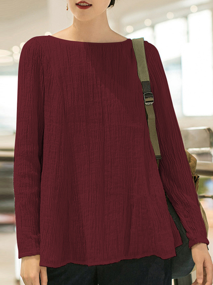 Crew Neck Long Sleeve Solid Blouse3