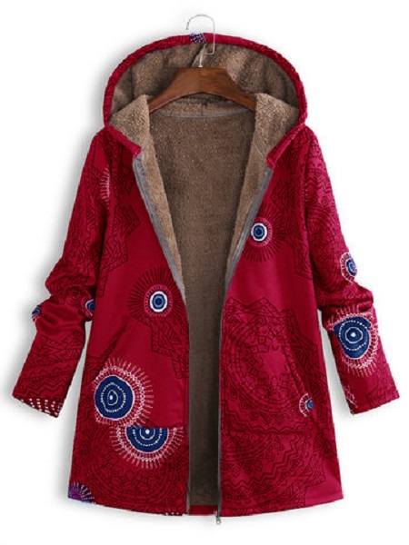 Ethnic Print Fleece Hooded Coat - Power Day Sale
