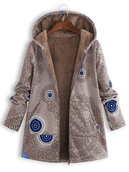 Ethnic Print Fleece Hooded Coat - Power Day Sale