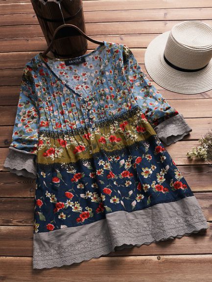 Floral Print Patchwork 3/4 Sleeve Blouse - Power Day Sale