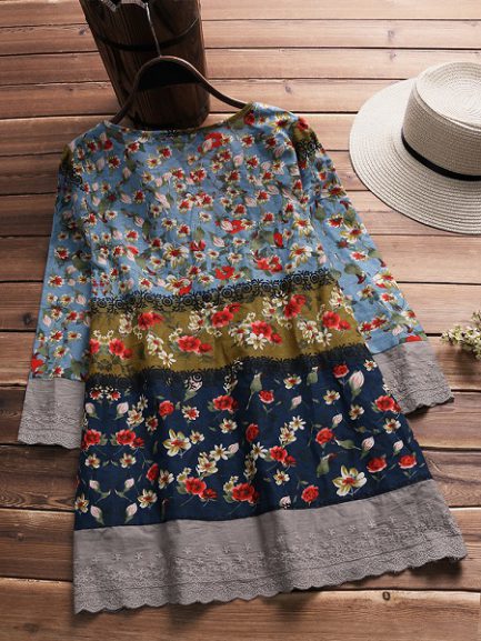Floral Print Patchwork 3/4 Sleeve Blouse - Power Day Sale
