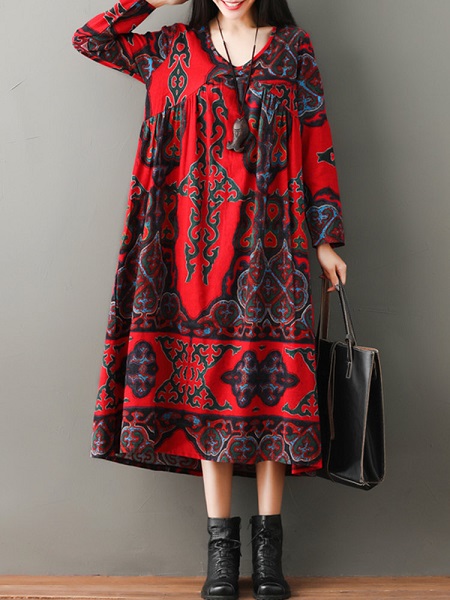 Folk Style Print Vintage Dresses - Power Day Sale