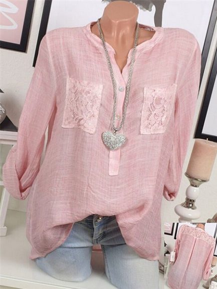 Lace Patchwork Long Sleeve Blouse - Power Day Sale