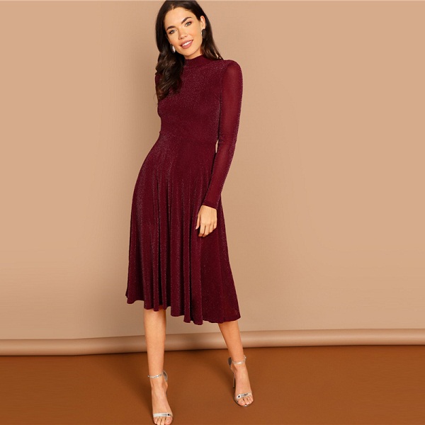 Long Sleeve Glitter Fit Flare A Line Dress - Power Day Sale