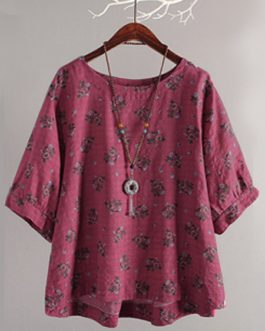 Round Neck Batwing Sleeve Cotton Blouse