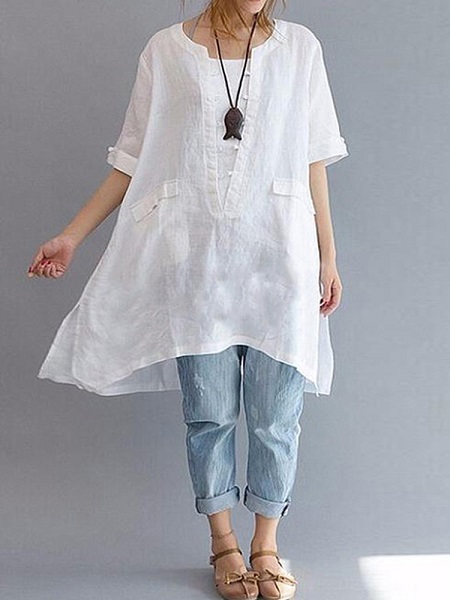 Short Sleeve Loose Solid Blouse - Power Day Sale