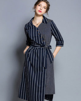 Striped Shirt Dress Buttons Irregular Midi Dress