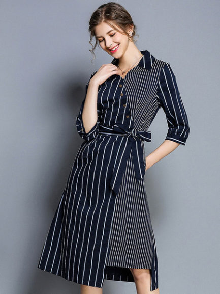 Striped Shirt Dress Buttons Irregular Midi Dress - Power Day Sale