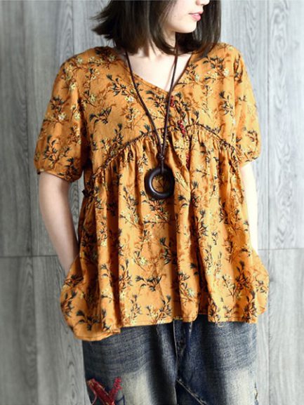 V Neck Pleated Floral Vintage Blouse - Power Day Sale