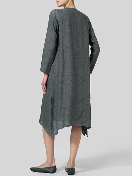 V Neck Pockets Solid Color Vintage Dress - Image 2