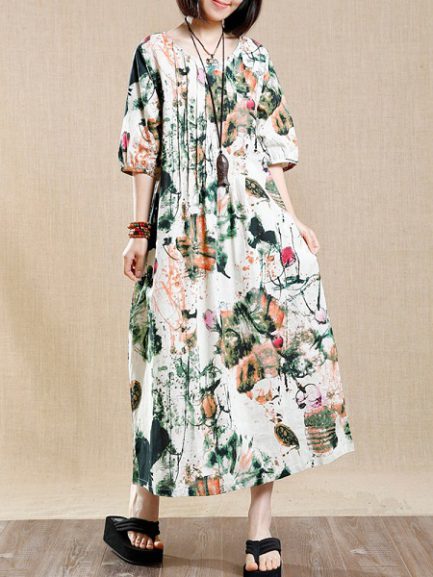 Vintage Print Pleated Women Dresses - Power Day Sale