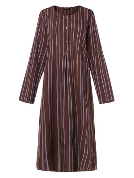 Vintage Women Striped Crew Neck Long Sleeve Dress - Power Day Sale